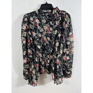 Lea & Viola Floral Peplum Blouse Womens Small Black Good Tie Neck Smocked Waist